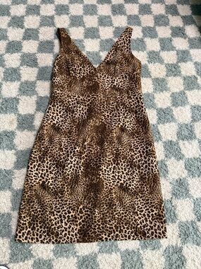 JESSICA HOWARD Vintage Leopard Print V-Neck Dress in Brown Animal Sleeveless 14